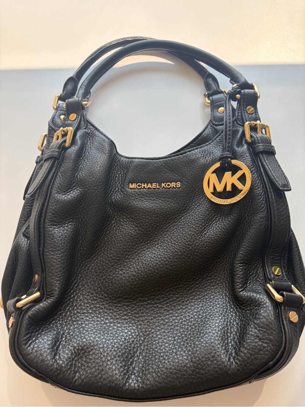 Michael Kors Black Pebbled Leather Shoulder Bag with Gold Hardware